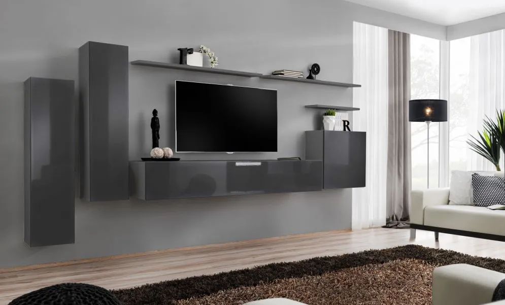 Meblościanka SWITCH I na wysoki połysk z podwieszanymi witrynami | MIRAT. kolekcja SWITCH
