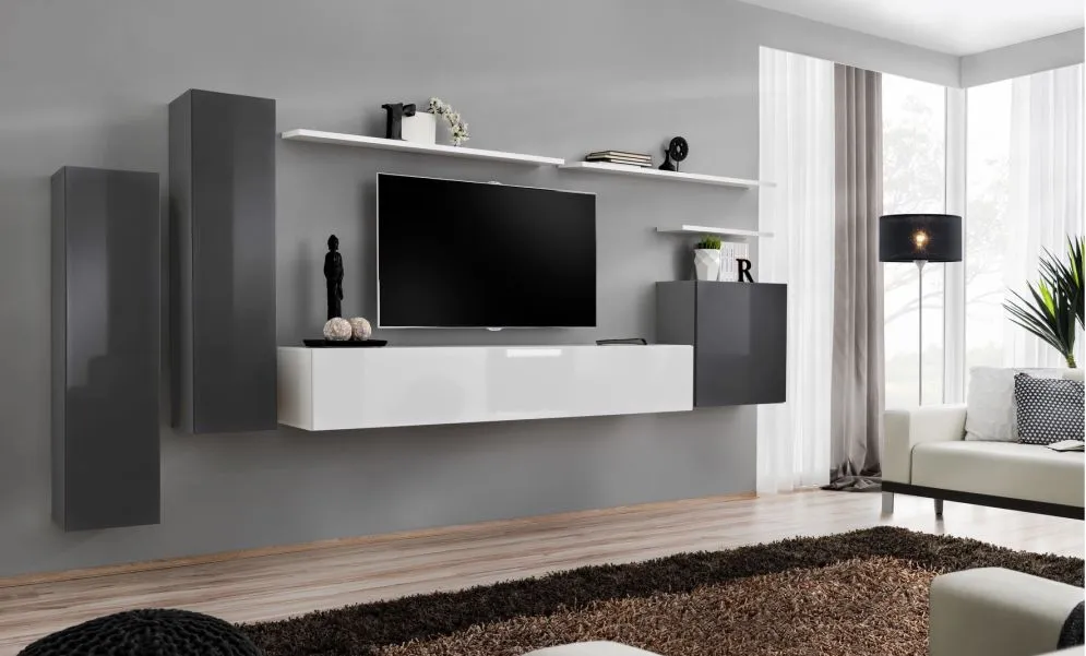 Meblościanka SWITCH I na wysoki połysk z podwieszanymi witrynami | MIRAT. kolekcja SWITCH