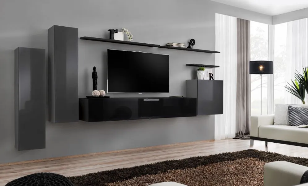 Meblościanka SWITCH I na wysoki połysk z podwieszanymi witrynami | MIRAT. kolekcja SWITCH