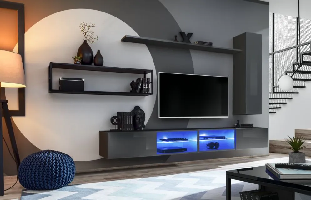 Meblościanka SWITCH MET IV grafit połysk z podświetlanymi szafkami rtv | MIRAT.  kolekcja SWITCH MET