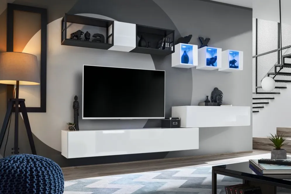 Meblościanka SWITCH MET III biały połysk z metalowymi regałami | MIRAT. kolekcja SWITCH MET