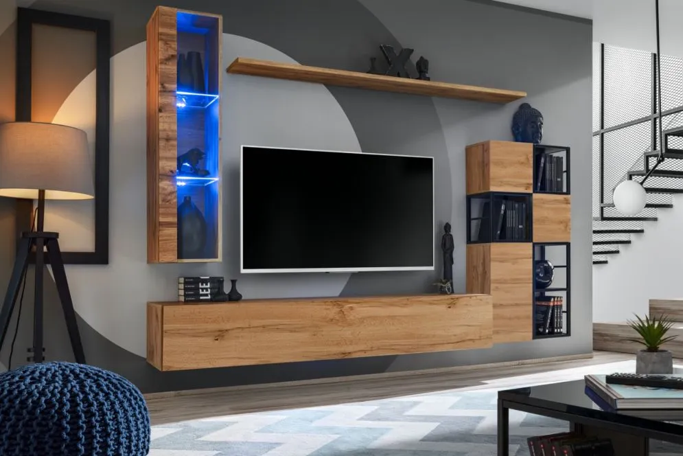 Meblościanka SWITCH MET II dąb wotan wisząca z metalowymi regałami | MIRAT. w stylu kolekcja SWITCH MET
