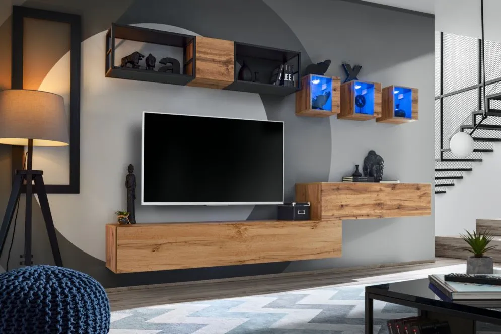 Meblościanka SWITCH MET III dąb wotan wisząca z metalowymi regałami | MIRAT. w stylu kolekcja SWITCH MET
