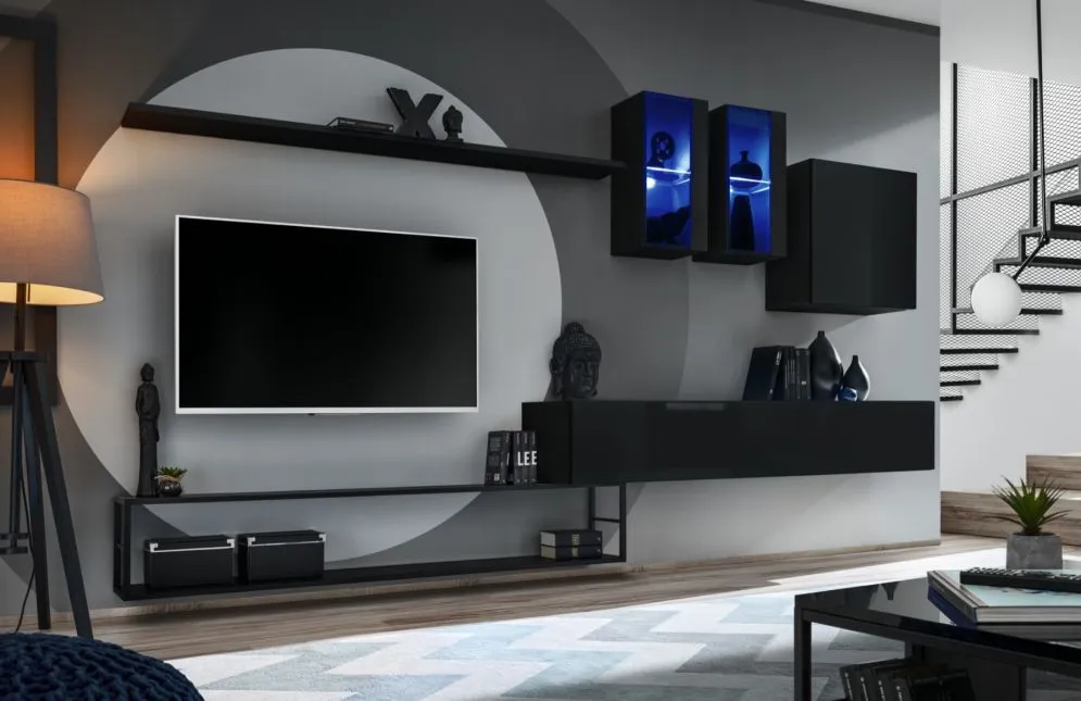 Meblościanka SWITCH MET I czarna w połysku z podświetleniem LED | MIRAT. w stylu kolekcja SWITCH MET
