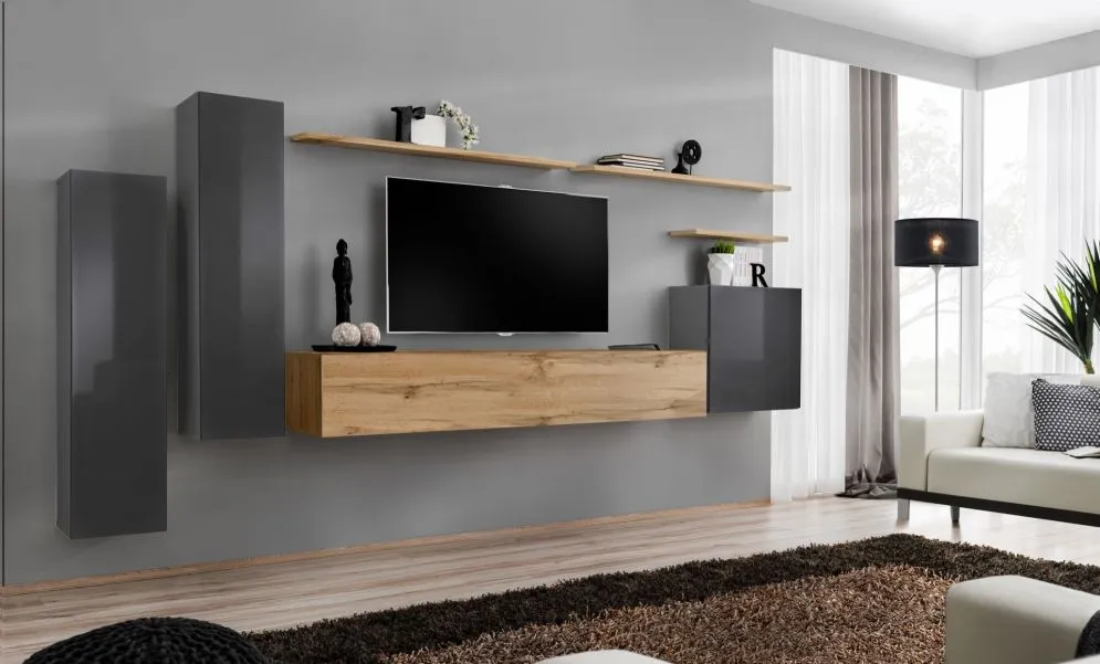 Meblościanka SWITCH I na wysoki połysk z podwieszanymi witrynami | MIRAT. kolekcja SWITCH
