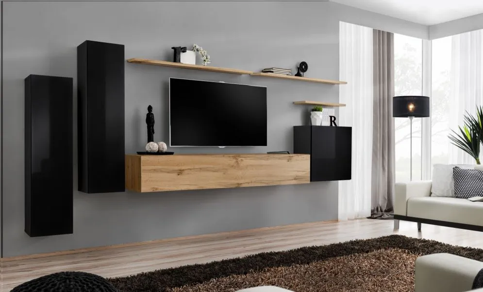 Meblościanka SWITCH I na wysoki połysk z podwieszanymi witrynami | MIRAT. kolekcja SWITCH