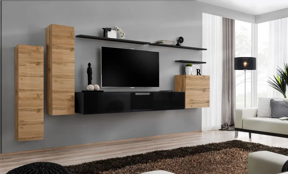 Meblościanka SWITCH I na wysoki połysk z podwieszanymi witrynami | MIRAT. kolekcja SWITCH