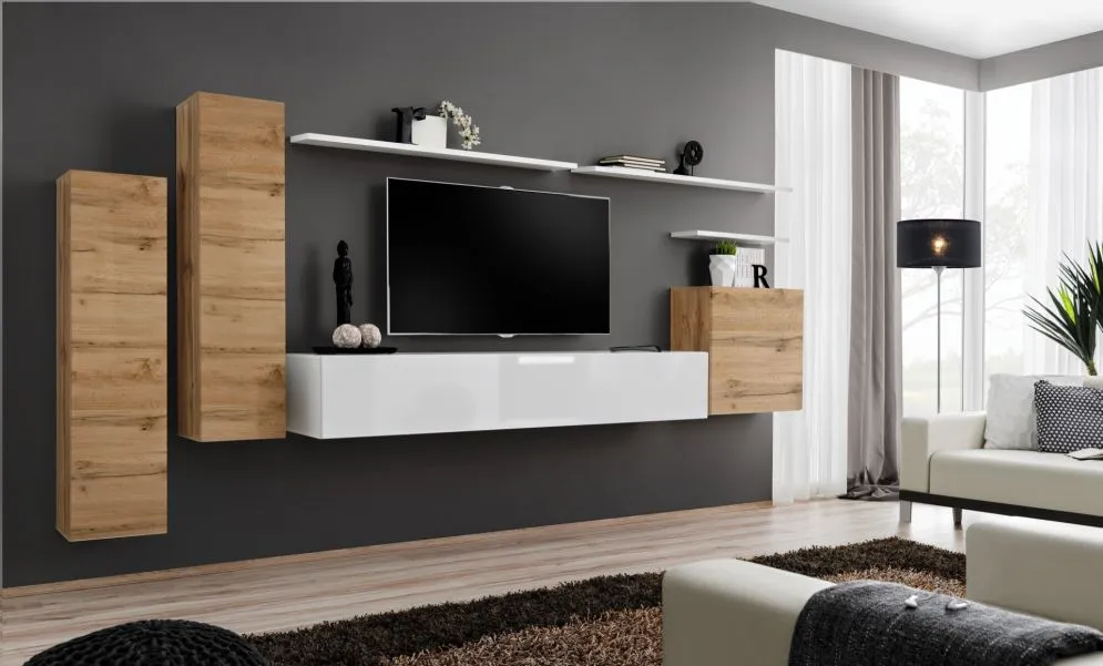 Meblościanka SWITCH I na wysoki połysk z podwieszanymi witrynami | MIRAT. kolekcja SWITCH