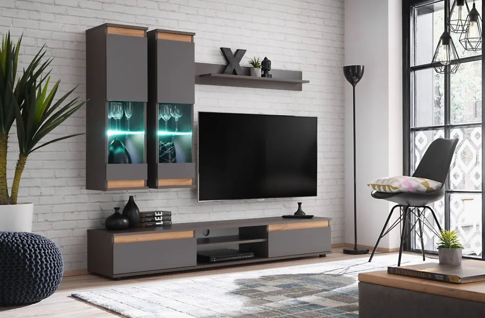 Meblościanka MODO antracyt z podświetlanymi witrynami | MIRAT. w stylu LOFT kolekcja