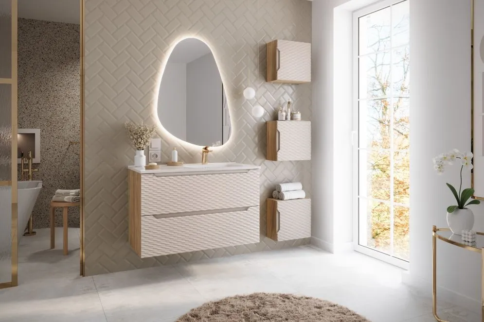 Szafka pod umywalkę OCEAN BEIGE 82-120-2S 120cm dąb olejowany/beżowa dwuszufladowa I sklep meblowy MIRAT. styl GLAMOUR kolekcja OCEAN