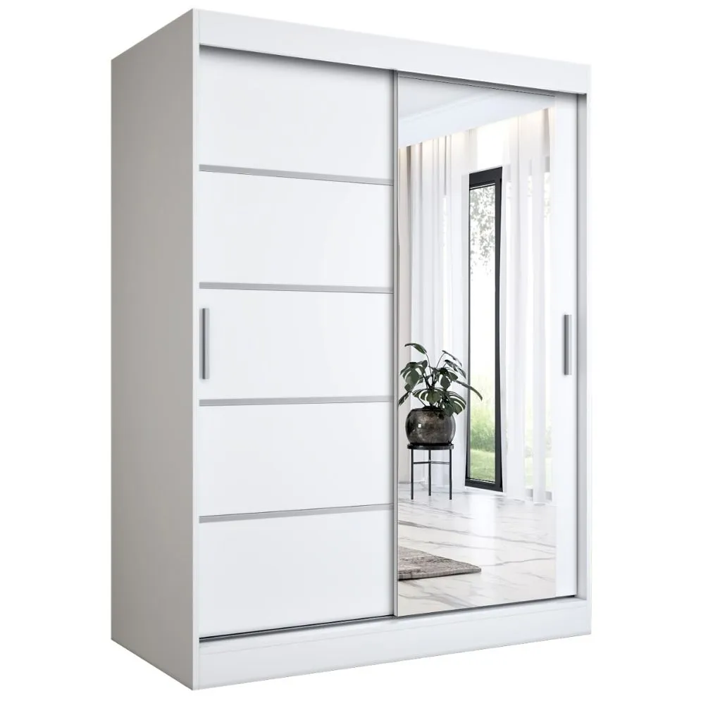 Szafa przesuwna MODUO COMFORT 2 150 biała mat z lustrem po prawej i listwami | MIRAT. w stylu kolekcja MODUO COMFORT