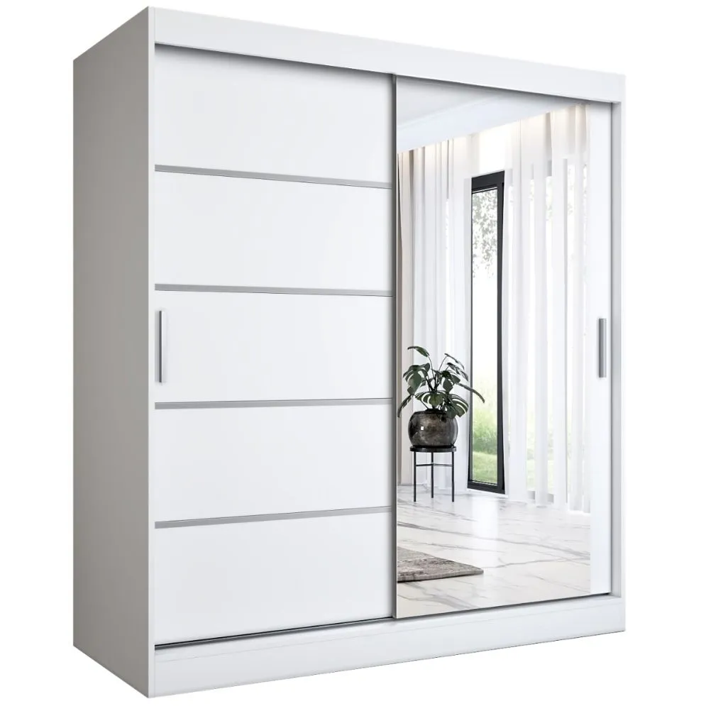 Szafa przesuwna MODUO COMFORT 2 180 biała mat z lustrem po prawej i listwami | MIRAT. kolekcja MODUO COMFORT