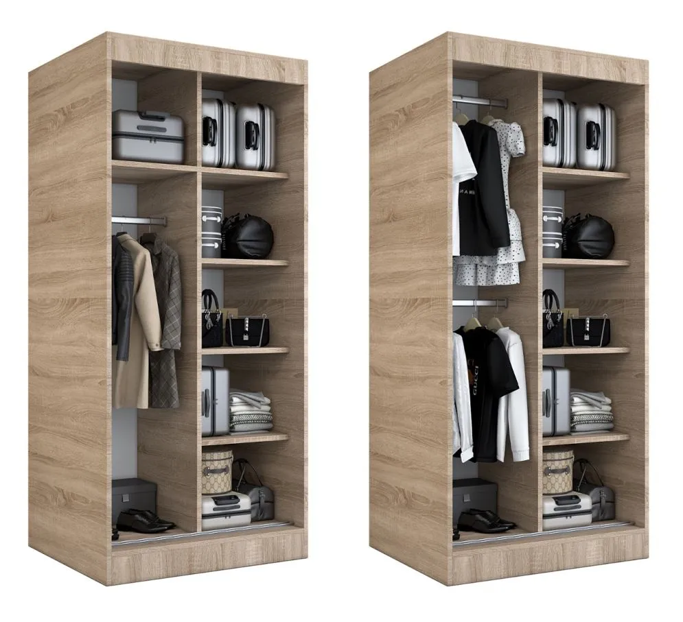 Szafa przesuwna MODUO COMFORT 3 90 biała mat/dąb sonoma do sypialni z dwoma rodzajami frontów | MIRAT. w stylu kolekcja MODUO COMFORT