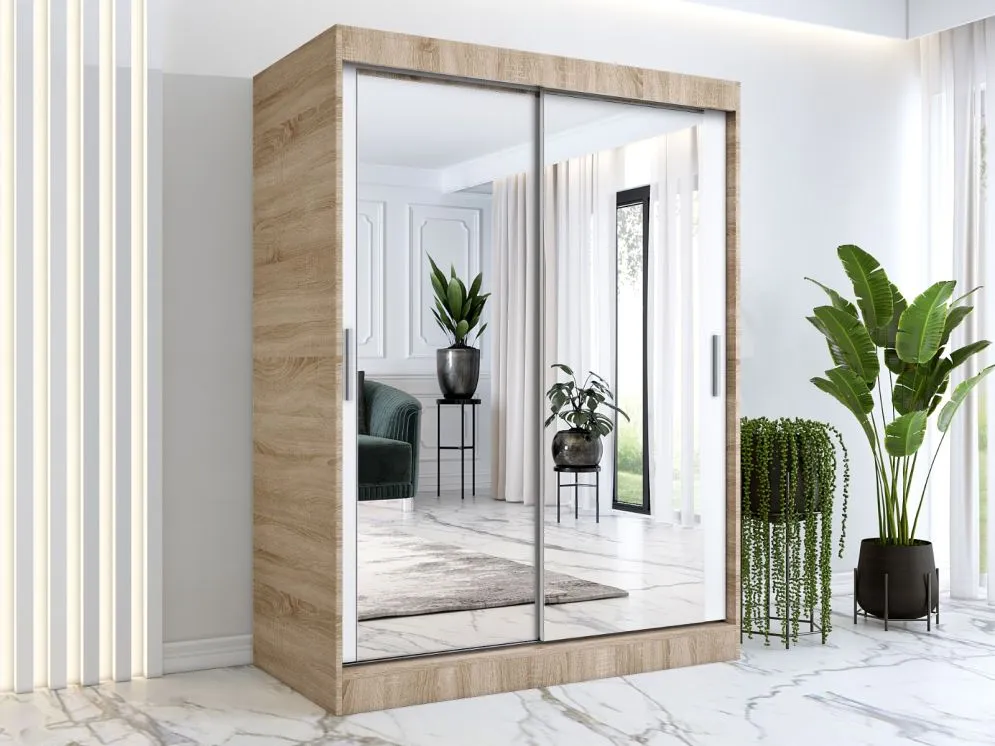 Szafa przesuwna MODUO COMFORT 150 dąb sonoma/biała mat z dwoma lustrami do sypialni | MIRAT. w stylu kolekcja MODUO COMFORT