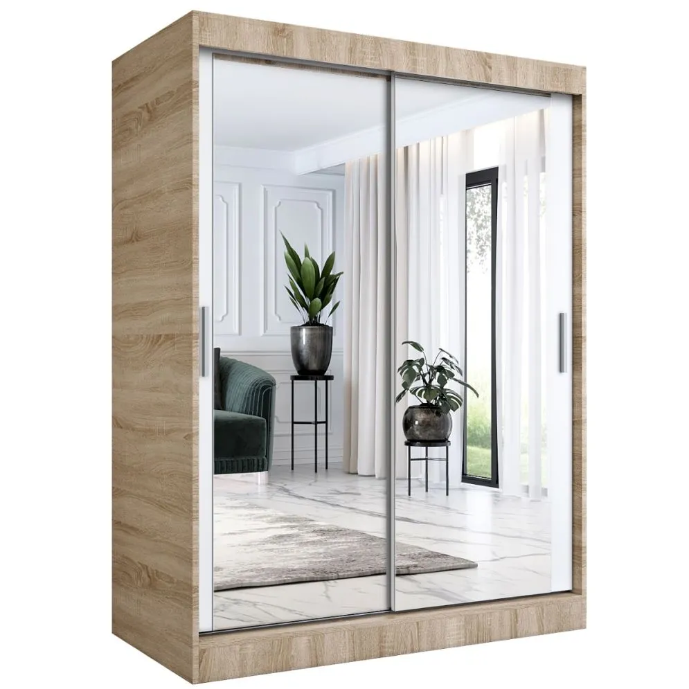 Szafa przesuwna MODUO COMFORT 150 dąb sonoma/biała mat z dwoma lustrami do sypialni | MIRAT. w stylu kolekcja MODUO COMFORT