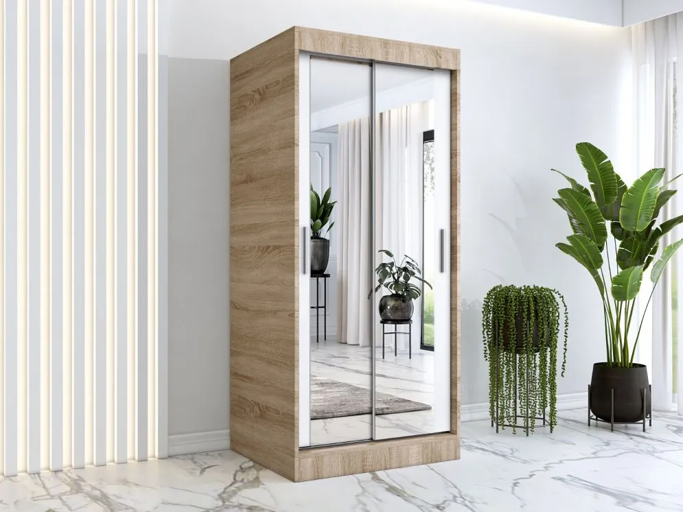 Szafa przesuwna MODUO COMFORT 90 dąb sonoma/biała mat z dwoma lustrami do sypialni | MIRAT. w stylu kolekcja MODUO COMFORT