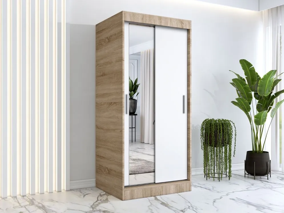 Szafa przesuwna MODUO COMFORT 90 dąb sonoma/biała mat z jednym lustrem do sypialni | MIRAT. w stylu kolekcja MODUO COMFORT