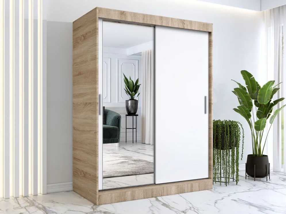 Szafa przesuwna MODUO COMFORT 150 dąb sonoma/biała mat z jednym lustrem do sypialni | MIRAT. w stylu kolekcja MODUO COMFORT