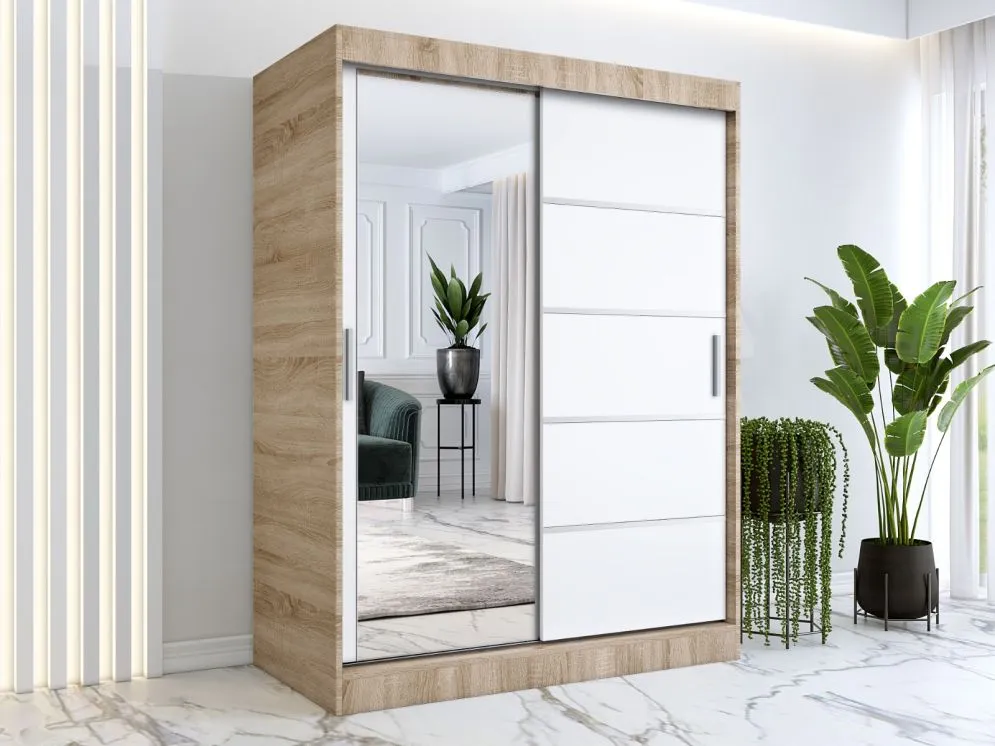 Szafa przesuwna MODUO COMFORT 3 150 dąb sonoma/biała mat z jednym lustrem | MIRAT. kolekcja MODUO COMFORT