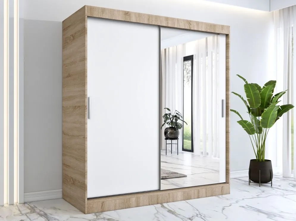 Szafa przesuwna MODUO COMFORT 180 dąb sonoma/biała mat z jednym lustrem | MIRAT. kolekcja MODUO COMFORT