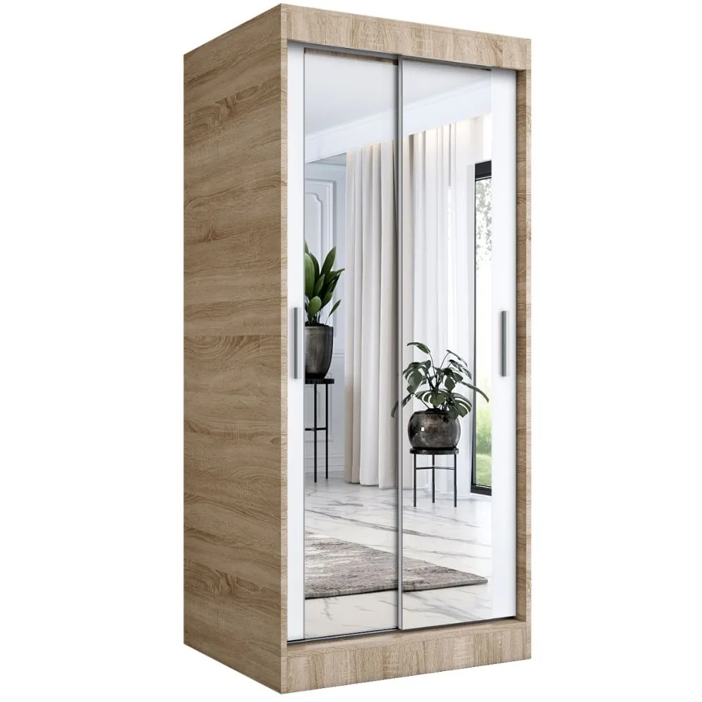 Szafa przesuwna MODUO COMFORT 90 dąb sonoma/biała mat z dwoma lustrami do sypialni | MIRAT. w stylu kolekcja MODUO COMFORT