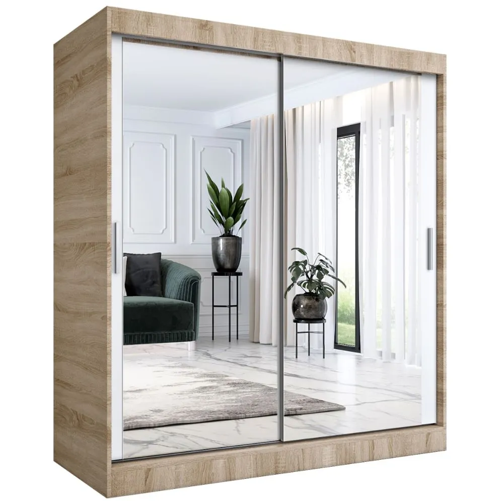 Szafa przesuwna MODUO COMFORT 180 dąb sonoma/biała mat z dwoma lustrami do sypialni | MIRAT. kolekcja MODUO COMFORT