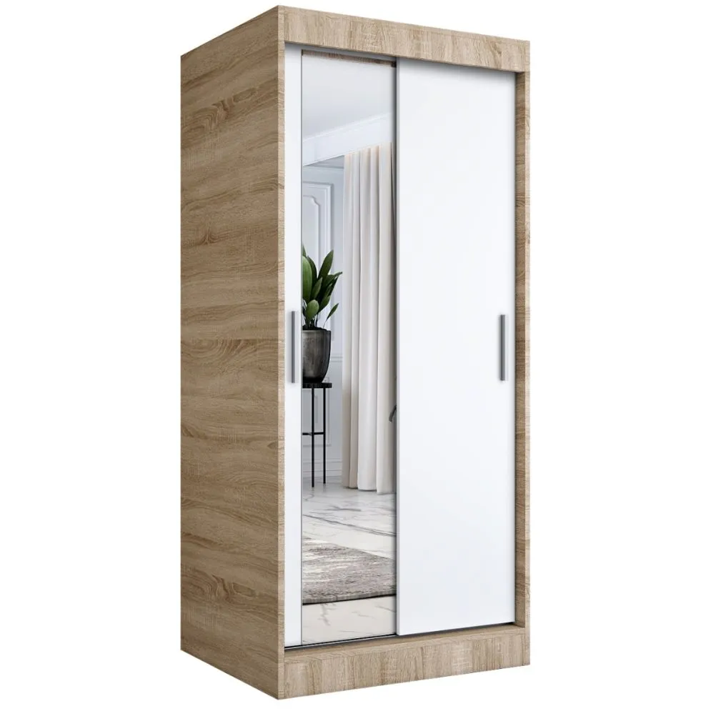 Szafa przesuwna MODUO COMFORT 90 dąb sonoma/biała mat z jednym lustrem do sypialni | MIRAT. w stylu kolekcja MODUO COMFORT