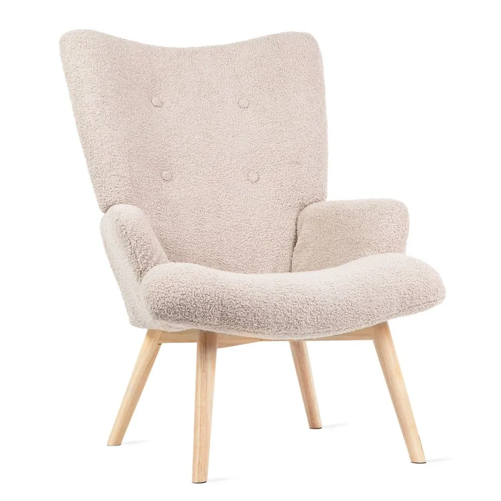 Fotel tapicerowany MOSS w tkaninie TEDDY BOUCLÉ beżowy z pikowaniami| MIRAT styl SKANDYNAWSKI