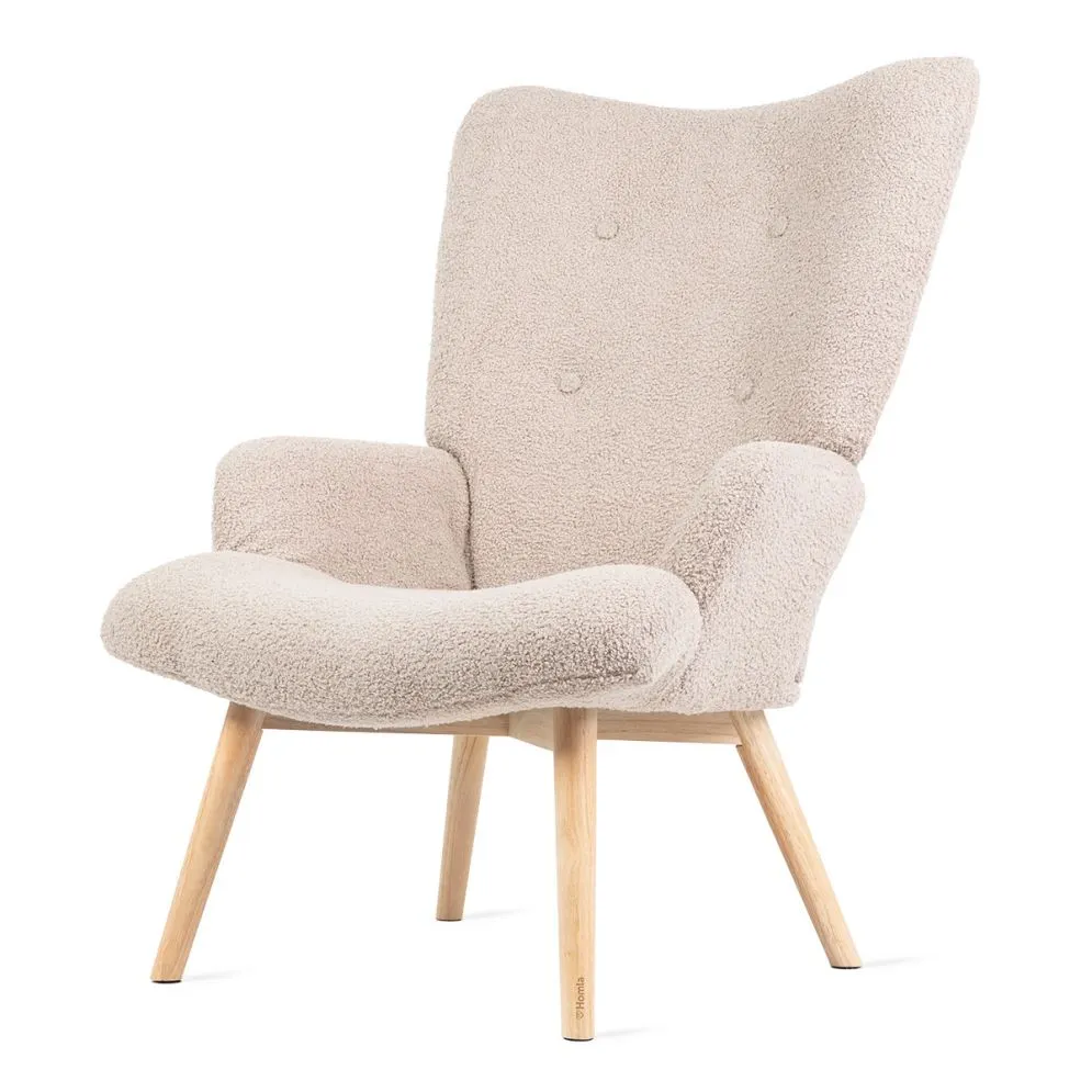 Fotel tapicerowany MOSS w tkaninie TEDDY BOUCLÉ beżowy z pikowaniami| MIRAT styl SKANDYNAWSKI