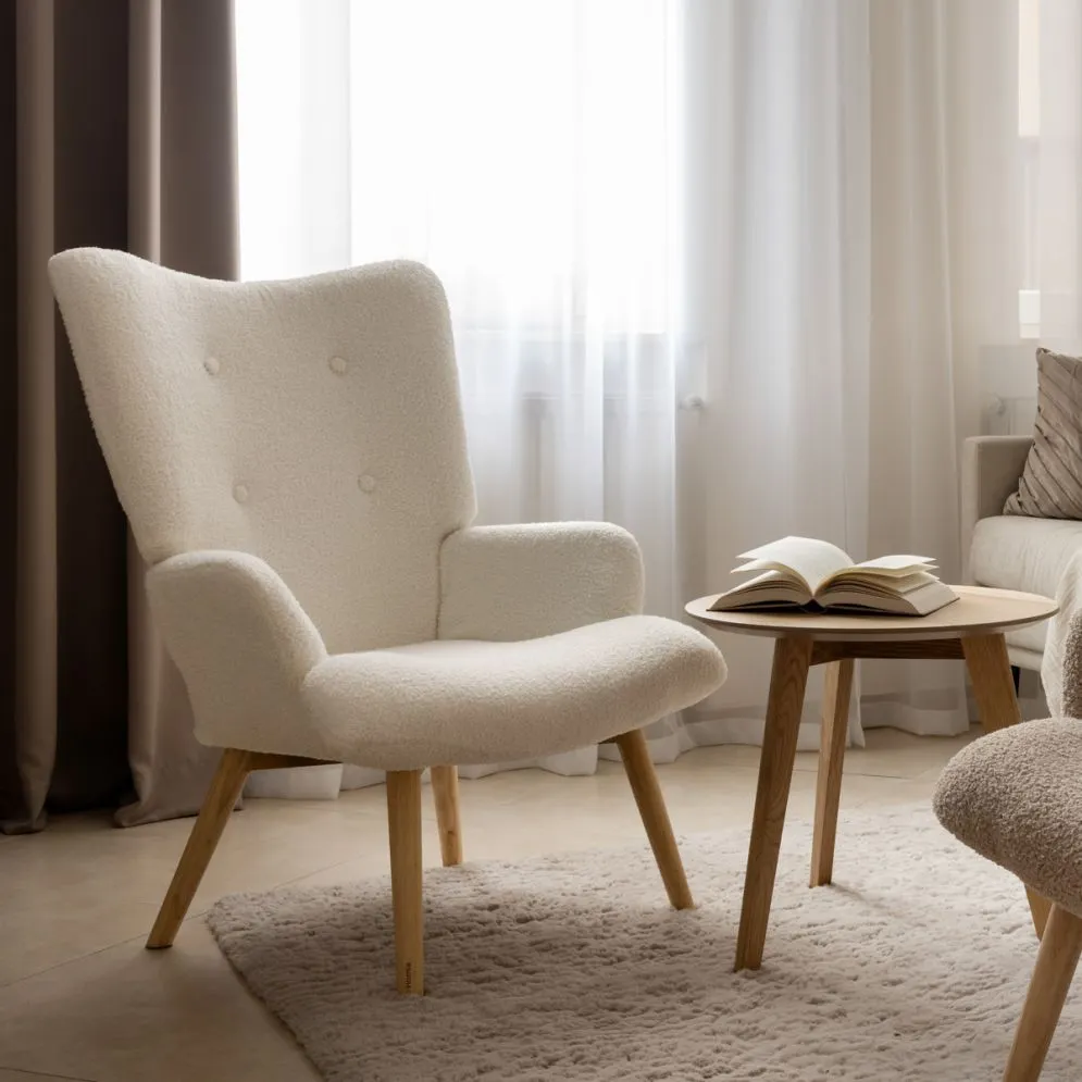 Fotel TEDDY MOSS w tkaninie TEDDY BOUCLÉ biały |MIRAT styl SKANDYNAWSKI