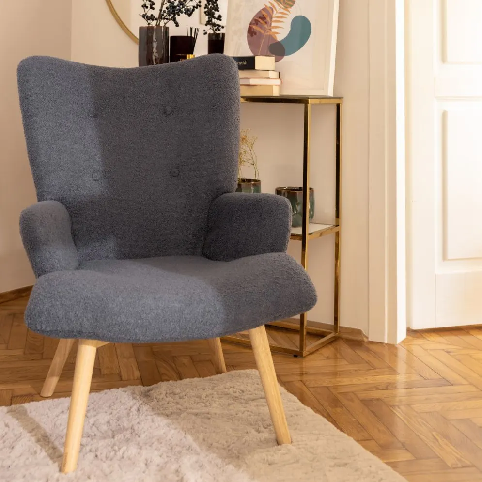 Fotel do salonu MOSS w tkaninie TEDDY BOUCLÉ granatowy | MIRAT styl SKANDYNAWSKI