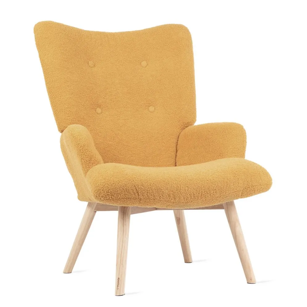 Fotel tapicerowany MOSS w tkaninie TEDDY BOUCLÉ musztardowy | MIRAT styl SKANDYNAWSKI
