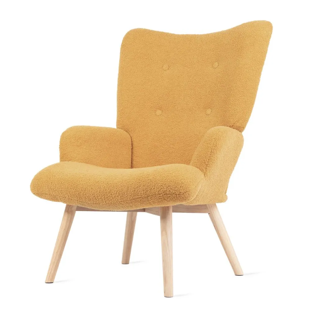 Fotel tapicerowany MOSS w tkaninie TEDDY BOUCLÉ musztardowy | MIRAT styl SKANDYNAWSKI