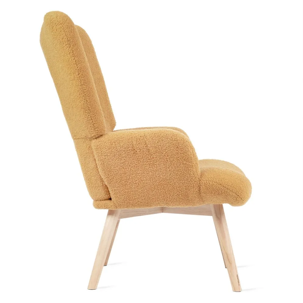 Fotel tapicerowany MOSS w tkaninie TEDDY BOUCLÉ musztardowy | MIRAT styl SKANDYNAWSKI