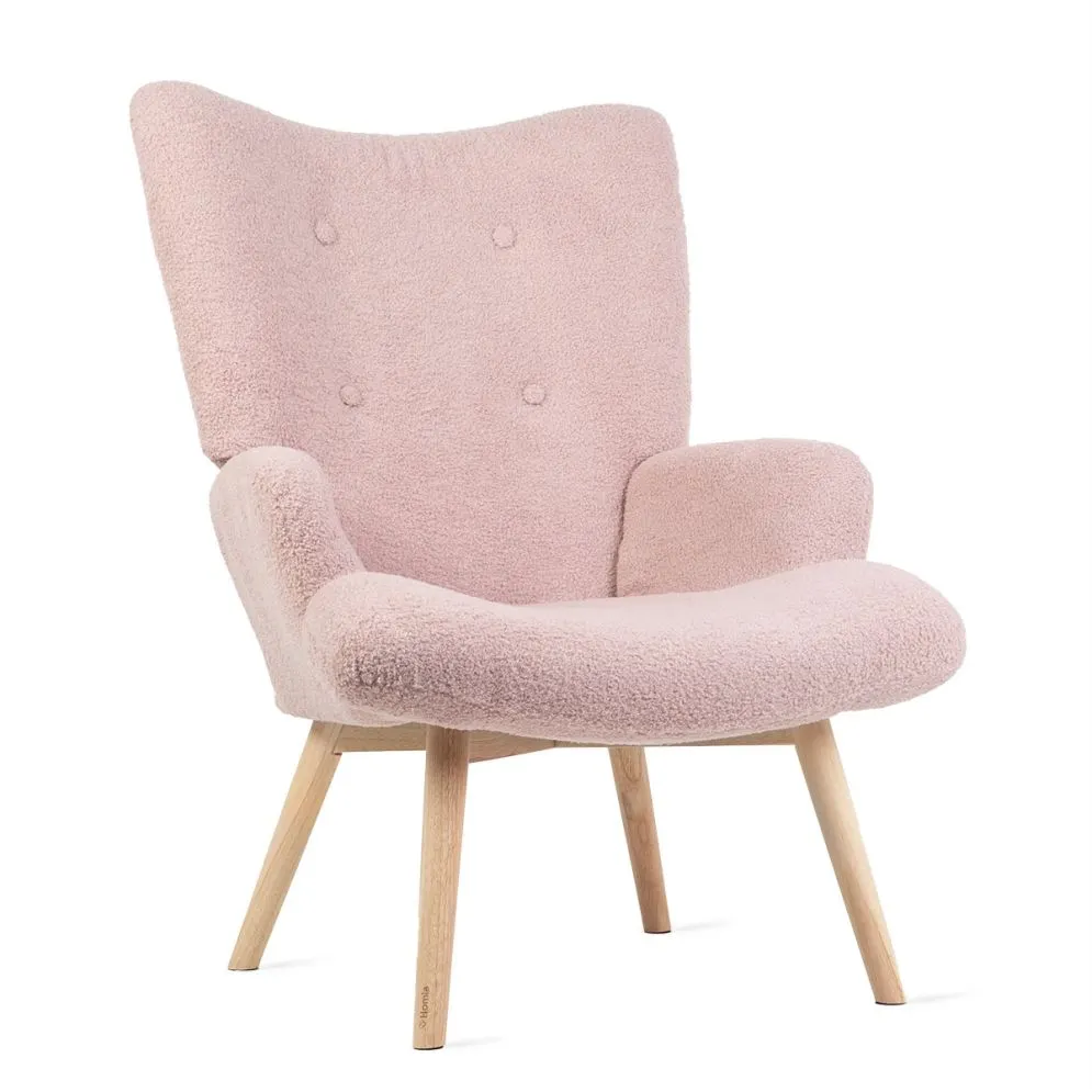 Fotel tapicerowany MOSS w tkaninie TEDDY BOUCLÉ różowy z podłokietnikami | MIRAT styl SKANDYNAWSKI