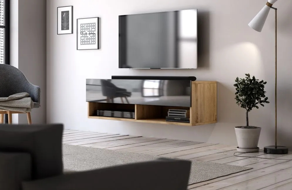 Szafka RTV DERBY 100cm dąb wotan/czarny połysk do salonu | sklep MIRAT styl LOFT, SKANDYNAWSKI