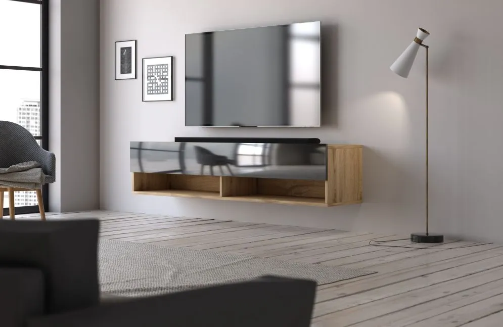 Szafka RTV DERBY 140cm dąb wotan/czarny połysk laminowana | sklep MIRAT styl LOFT, SKANDYNAWSKI