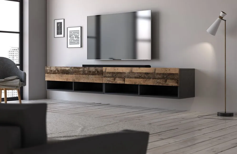 Wisząca szafka RTV DERBY DOUBLE 200cm grafit matera/dąb old style | sklep MIRAT styl LOFT, SKANDYNAWSKI