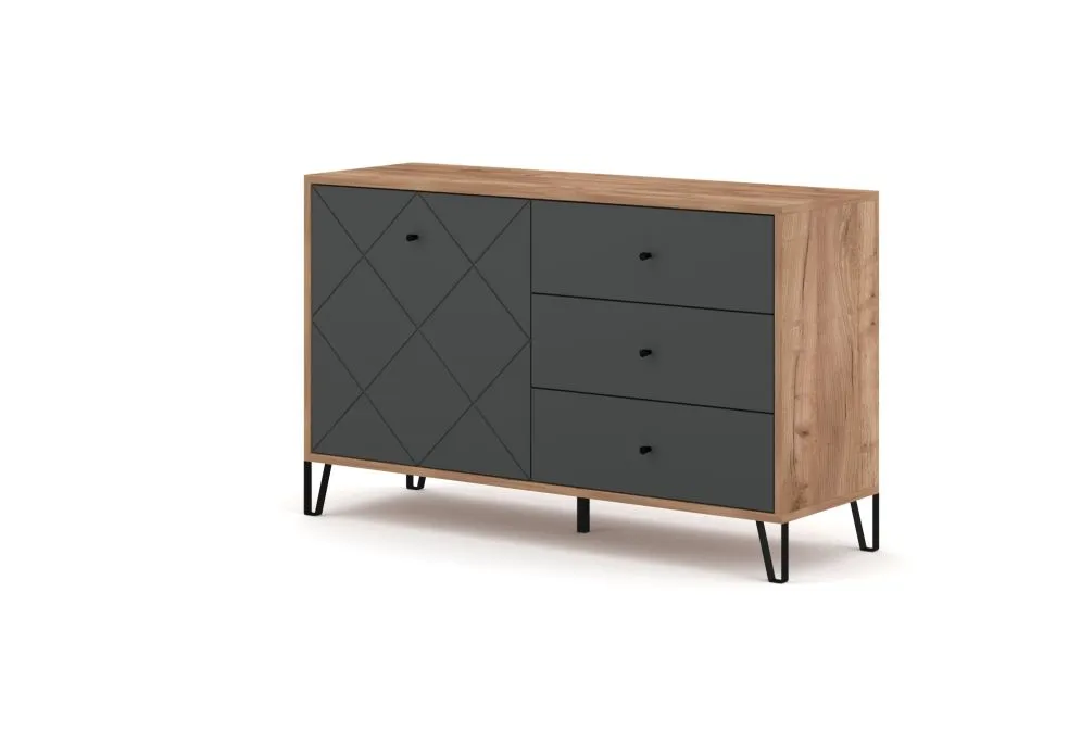 Komoda BILBAO 1D/3S dąb craft tobacco/grafit mat jednodrzwiowa | sklep MIRAT styl LOFT, RYFLOWANY kolekcja BILBAO