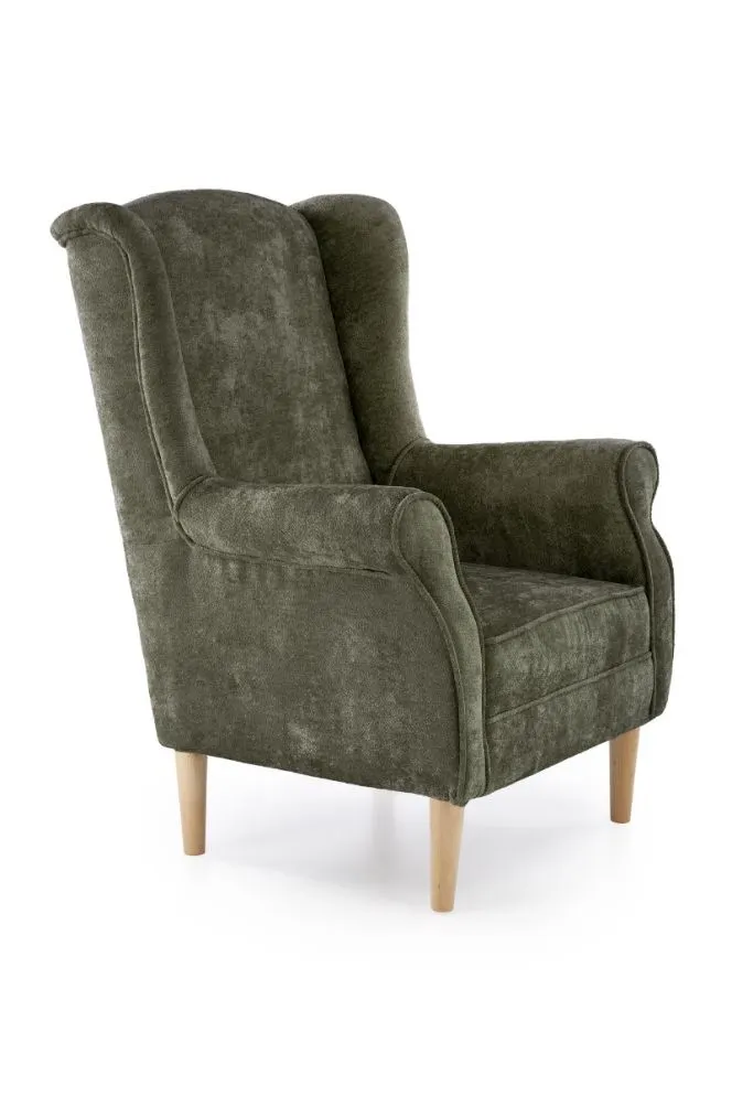 Fotel uszak HERMES oliwkowy na drewnianych nogach I sklep meblowy MIRAT.