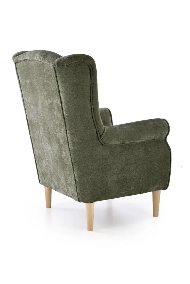 Fotel uszak HERMES oliwkowy na drewnianych nogach I sklep meblowy MIRAT.