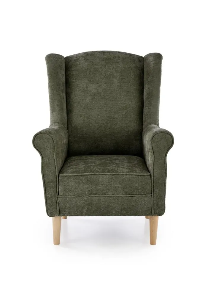 Fotel uszak HERMES oliwkowy na drewnianych nogach I sklep meblowy MIRAT.