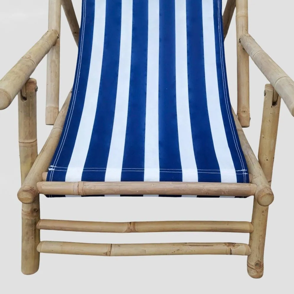 Leżak bambusowy MARE z podłokietnikami w biało niebieskie paski 139x60x11cm biały |MIRAT