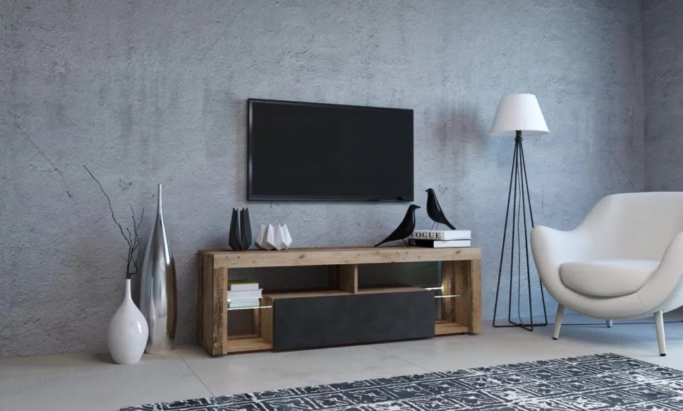 Szafka RTV EVEREST 140cm dąb old style/antracytowa z oświetleniem LED | sklep MIRAT styl LOFT, SKANDYNAWSKI