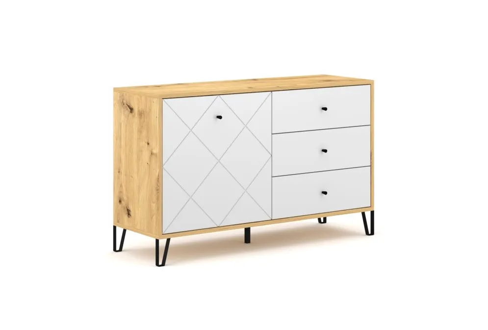 Komoda BILBAO 1D/3S dąb artisan/biały mat w stylu skandynawskim | sklep MIRAT styl RYFLOWANY, SKANDYNAWSKI
