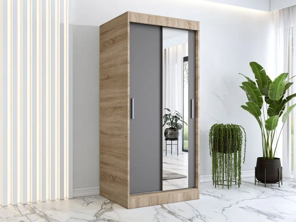 Szafa przesuwna MODUO COMFORT 90 dąb sonoma/antracyt z lustrem do sypialni | MIRAT. w stylu kolekcja MODUO COMFORT