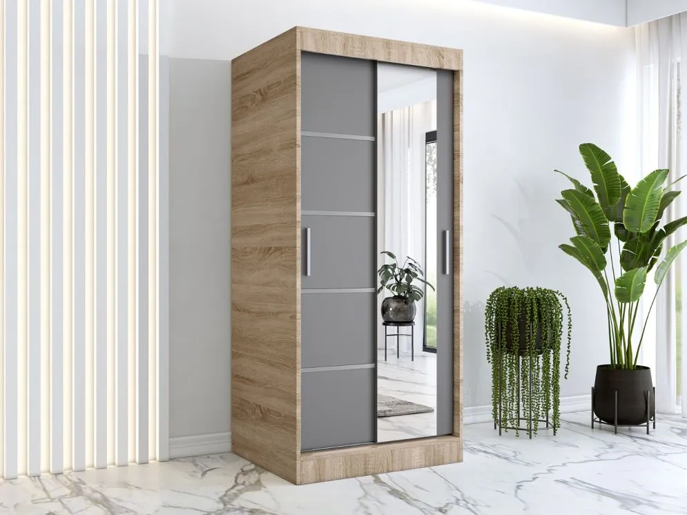 Szafa przesuwna MODUO COMFORT 2 90 dąb sonoma/antracyt z lustrem do sypialni | MIRAT. w stylu kolekcja MODUO COMFORT