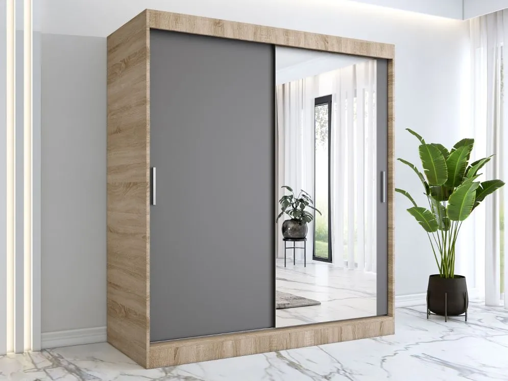Szafa przesuwna MODUO COMFORT 180 dąb sonoma/antracyt z lustrem do sypialni | MIRAT. kolekcja MODUO COMFORT