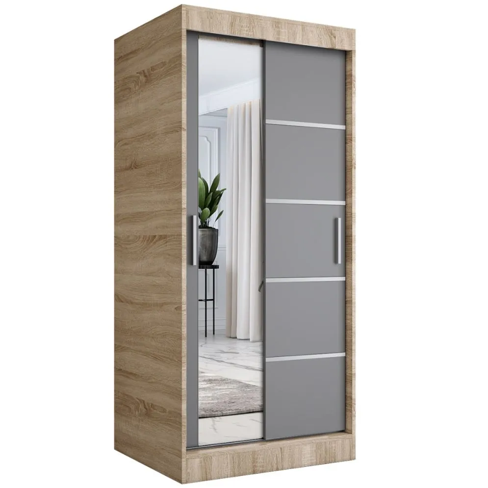 Szafa przesuwna MODUO COMFORT 3 90 dąb sonoma/antracyt z lustrem do sypialni | MIRAT. w stylu kolekcja MODUO COMFORT