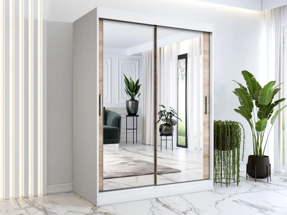Szafa przesuwna MODUO COMFORT 150 biała mat/dąb sonoma z dwoma lustrami | MIRAT. w stylu  kolekcja MODUO COMFORT